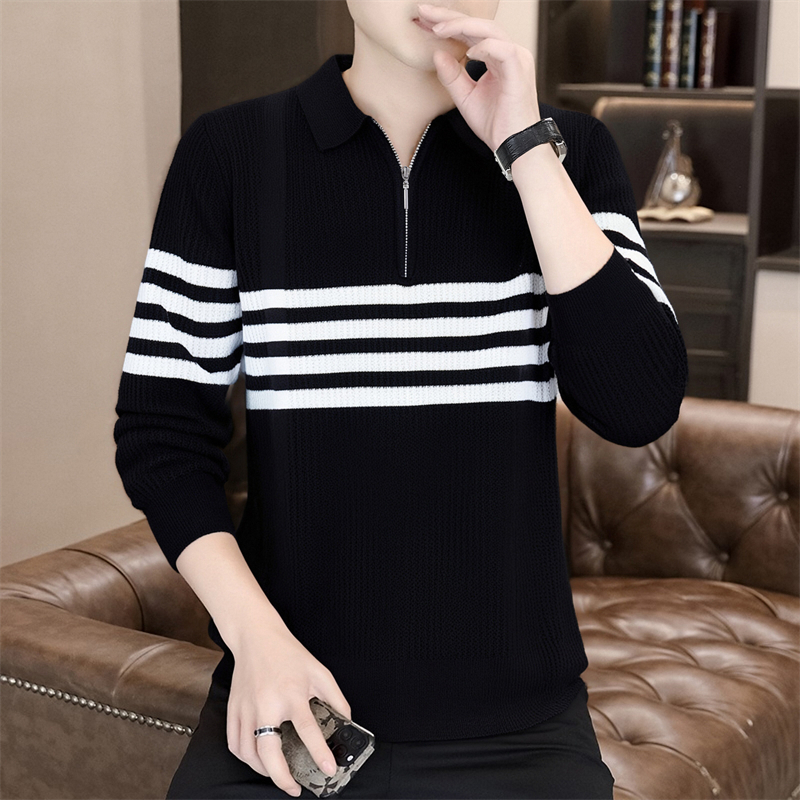 高档秋冬新款翻领半拉链毛衣男士时尚条纹针织衫打底衫男装8817
