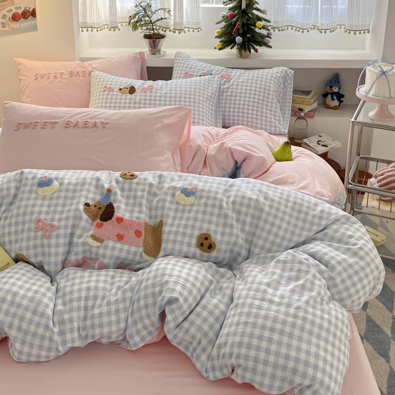 A类卡通风腊肠狗水洗棉印加绣床上四件套被套床单床笠款四季通用