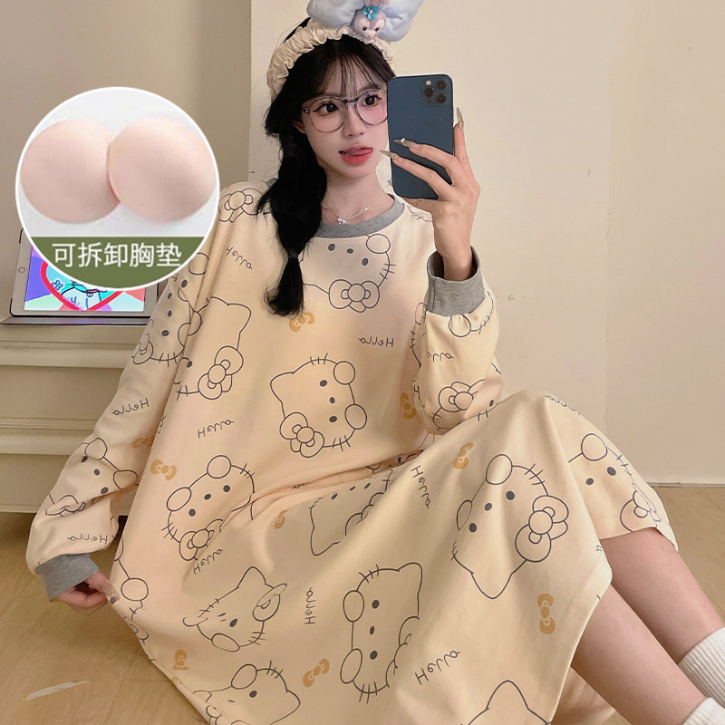加大码长袖睡裙女带胸垫春秋季纯棉薄款可爱宽松孕妇睡衣裙家居服