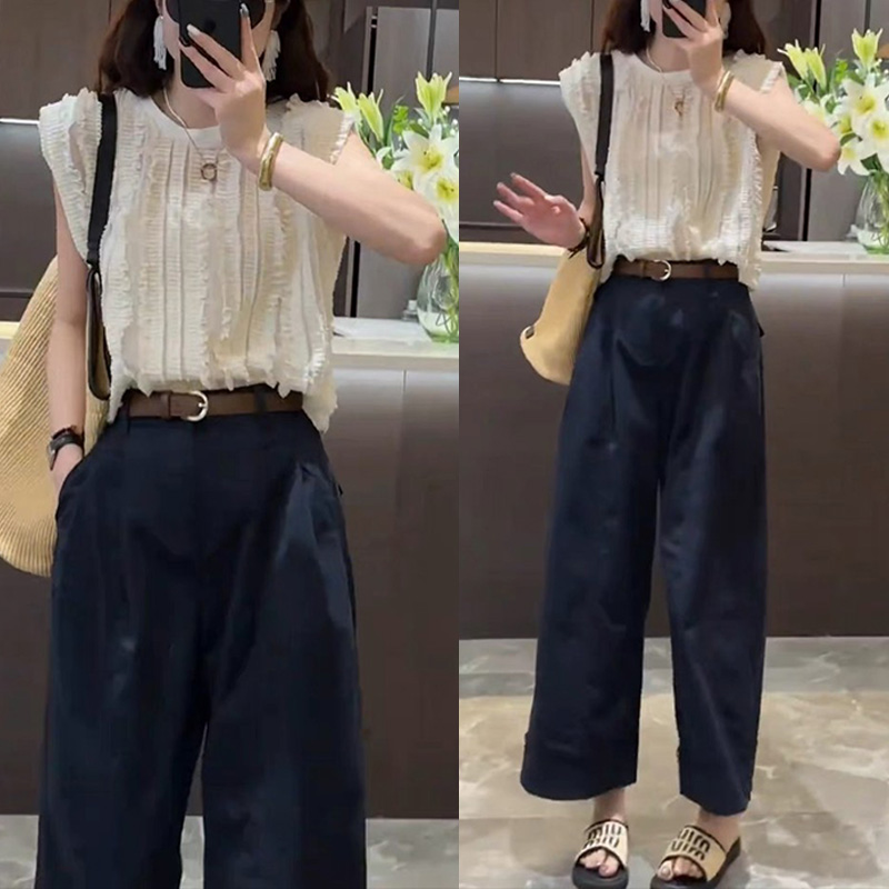 2025夏季新款盐系文艺感短袖上衣高腰显瘦宽松休闲裤两件套套装女