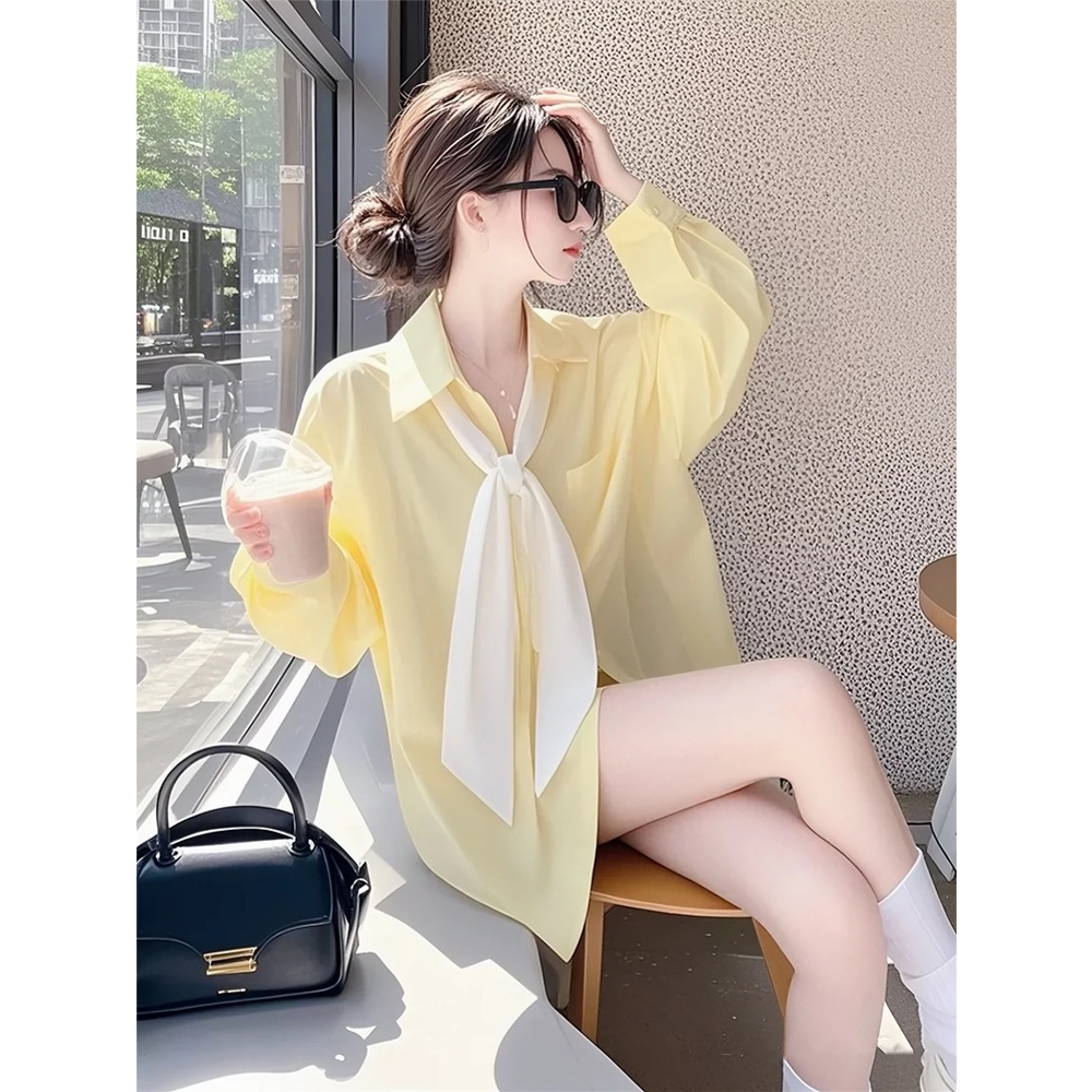 今年爆款浅黄色雪纺衬衫女2025早春新款时尚洋气独特别致法式衬衣