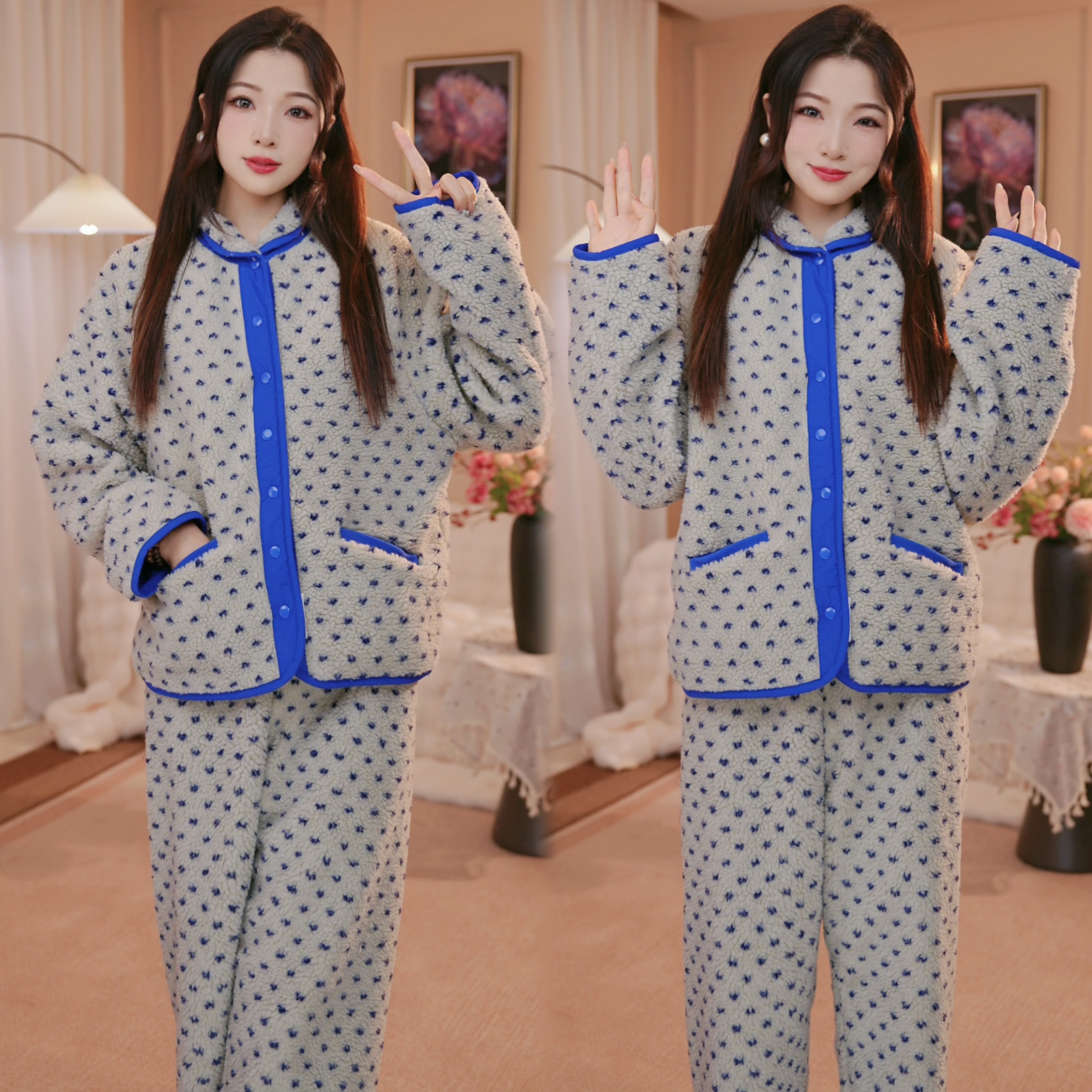 秋冬珊瑚绒睡衣女加厚保暖爱心印花撞色门襟翻领家居服套装两件套