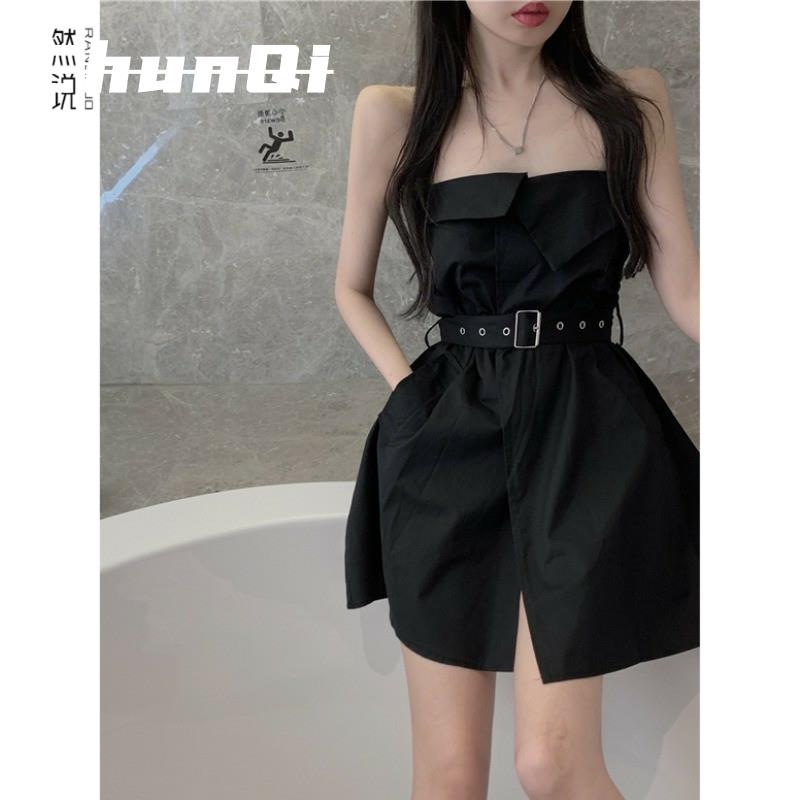 淳启高级感可甜可盐小个子赫本风黑色一字肩露肩抹胸连衣裙子女夏