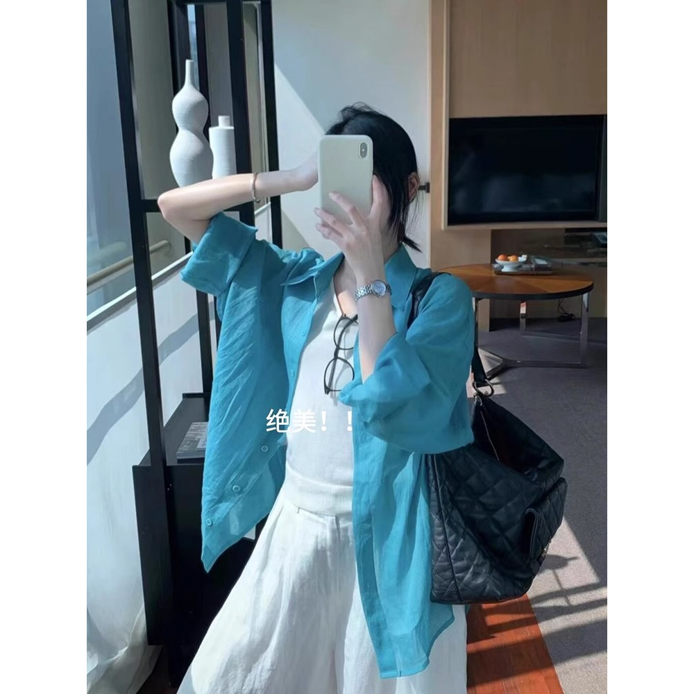 湖蓝色polo领长袖衬衫防晒外套女夏季宽松慵懒风薄款衬衣外搭开衫