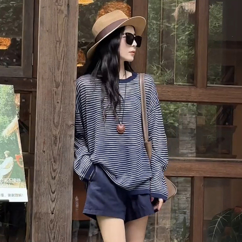 薄款条纹长袖防晒t恤女秋季新款宽松慵懒松弛感冰丝空调置衫上衣