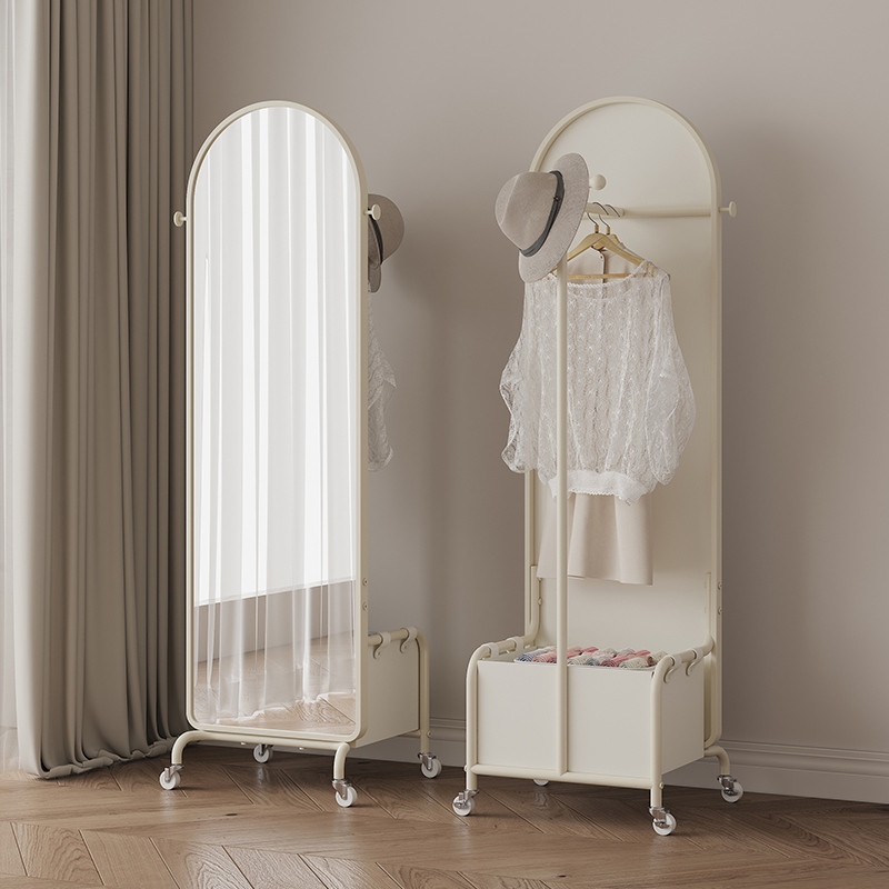 奶油风穿衣镜全身镜衣帽架一体家用卧室落地挂衣架可移动落地镜