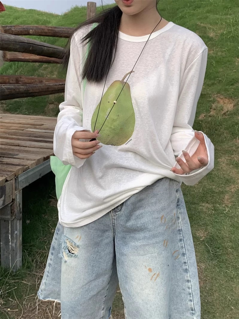 韩系梨子印花圆领长袖T恤防晒罩衫女夏季薄款宽松微透甜美风上衣