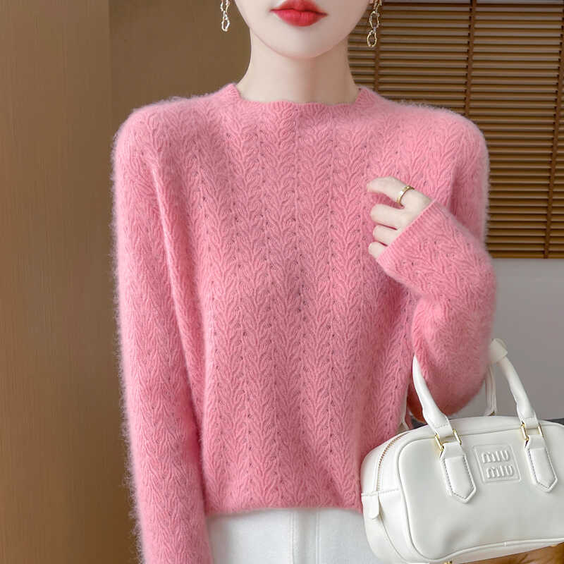 半高领100%纯羊毛女镂空提花长袖针织毛衣宽松百搭打底衫内搭秋冬