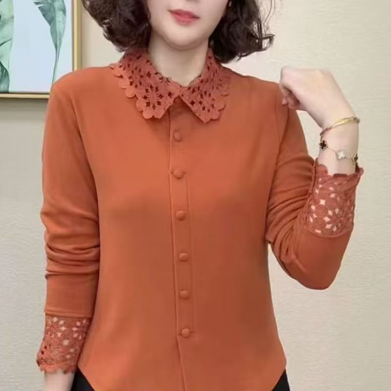 冬季新款衬衫领蕾丝气质百搭长袖减龄双面绒打底衫上衣女25100
