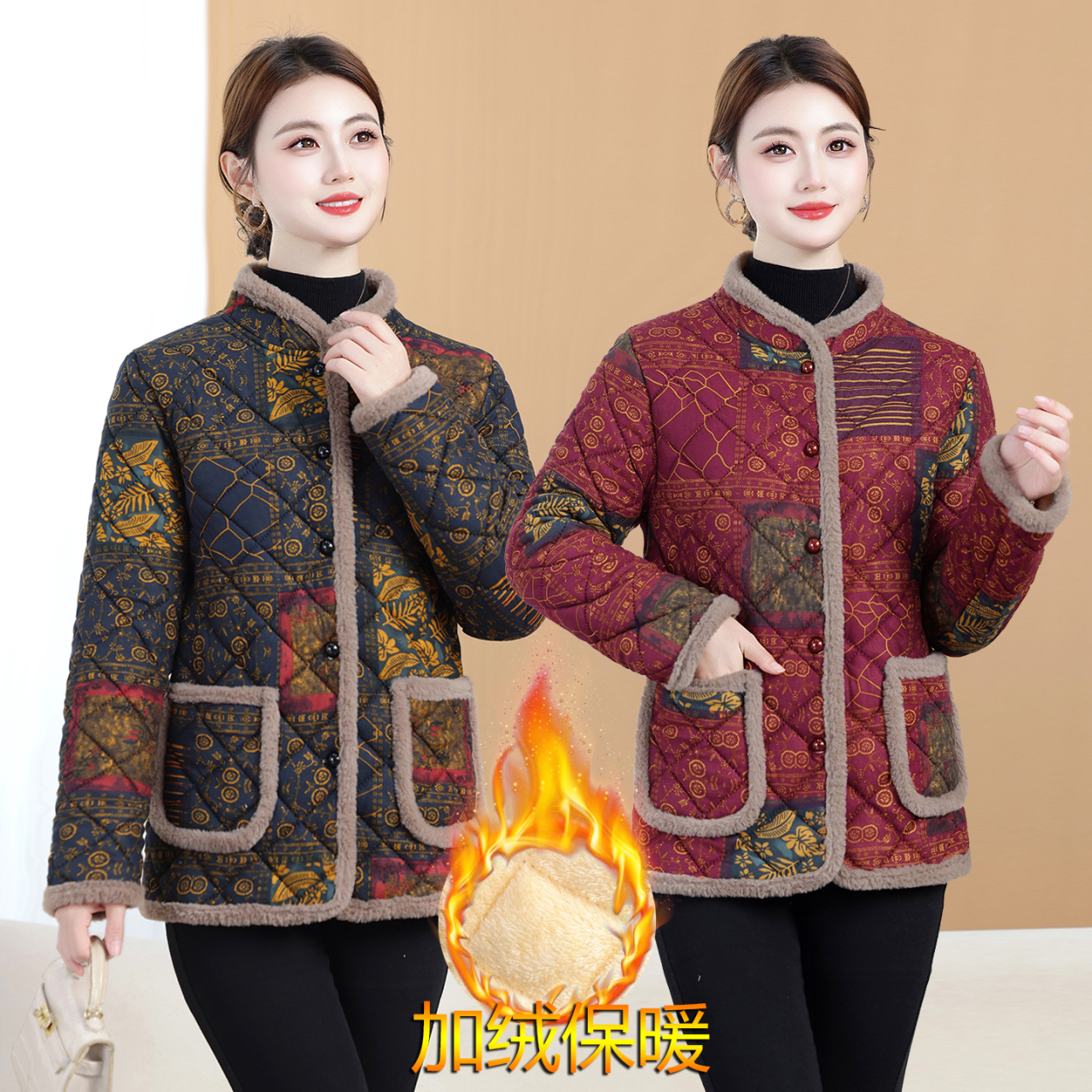 妈妈冬装加绒短款棉衣外套中老年新款加厚女装棉服冬季保暖棉袄