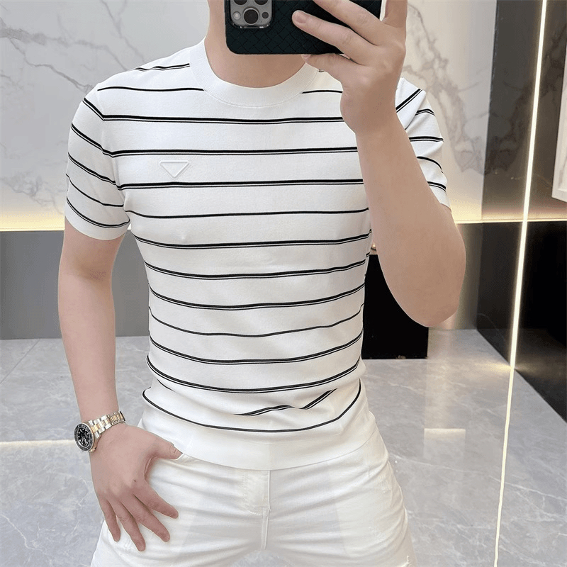 2025修身欧货轻奢男圆领冰丝短袖T恤时尚百搭夏季半袖条纹上衣