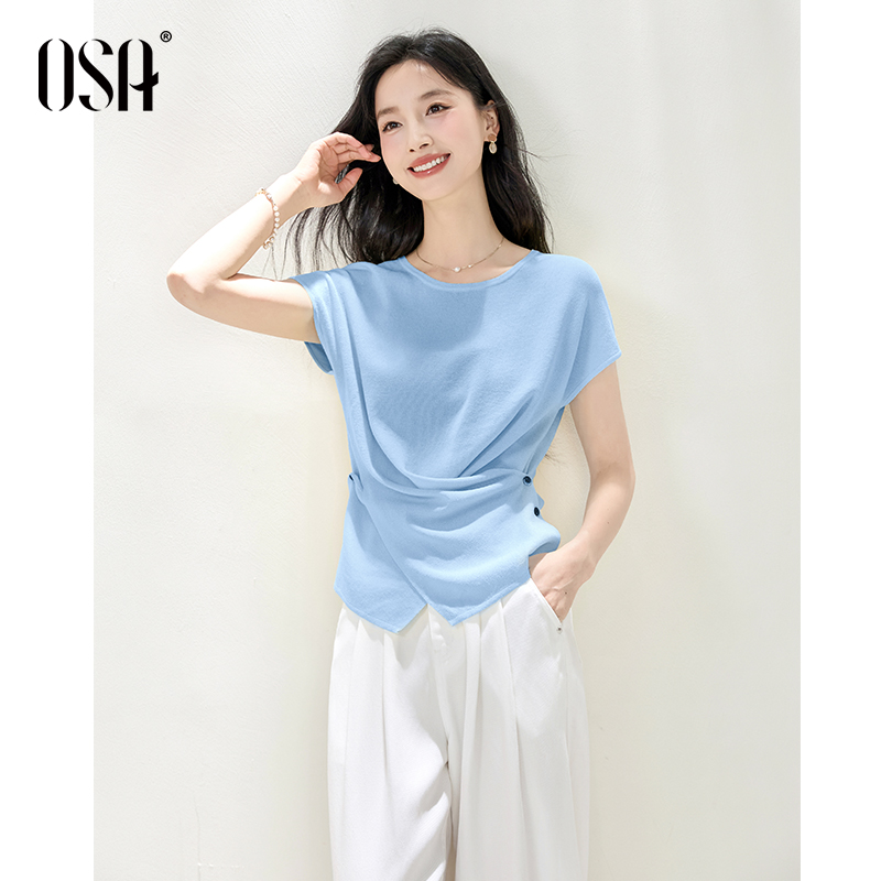 OSA/欧莎 欧若风松弛感不规则薄款短袖针织小衫女夏S125B16051