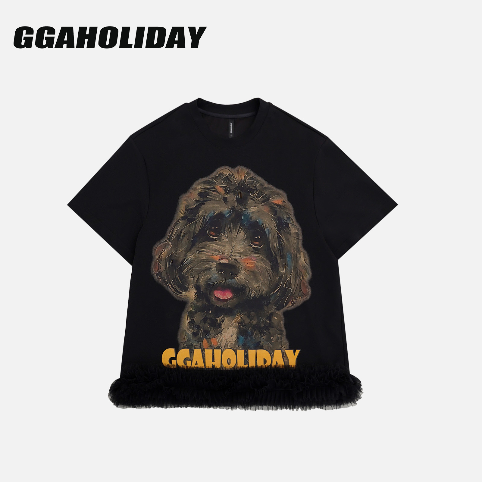 GGAHOLIDAY美式复古宽松街头个性潮流黑色重工短袖印花T群-153072