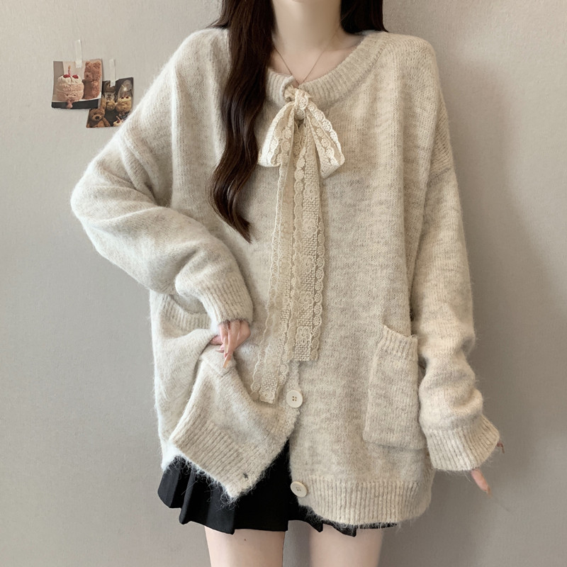 蕾丝系带蝴蝶结针织开衫毛衣外套女春秋2025大码胖mm宽松慵懒上衣