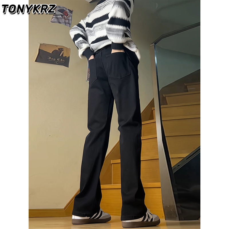 TONYKRZ黑色vibe弯刀裤子男春秋季美式高街牛仔裤直筒显瘦微喇裤