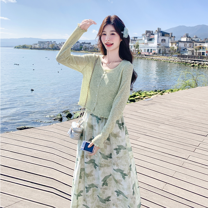 森系绿色针织开衫蝴蝶印花吊带裙套装女2025春夏气质连衣裙两件套