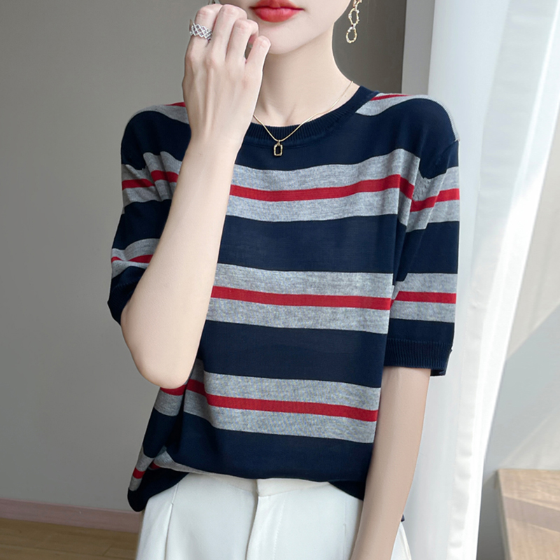 【100天丝莱赛尔】时尚条纹短袖t恤女夏季新款洋气女装针织上衣5125