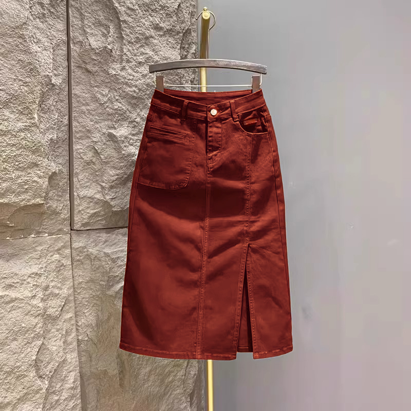牛仔半身裙女春秋酒红色高腰显瘦侧开叉a字中长款美式工装包臀裙
