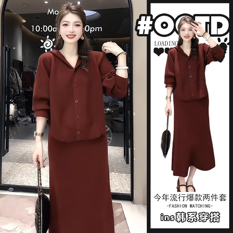 2025秋冬新款高级感同色系两件套设计感慵懒风长袖上衣高腰半身裙