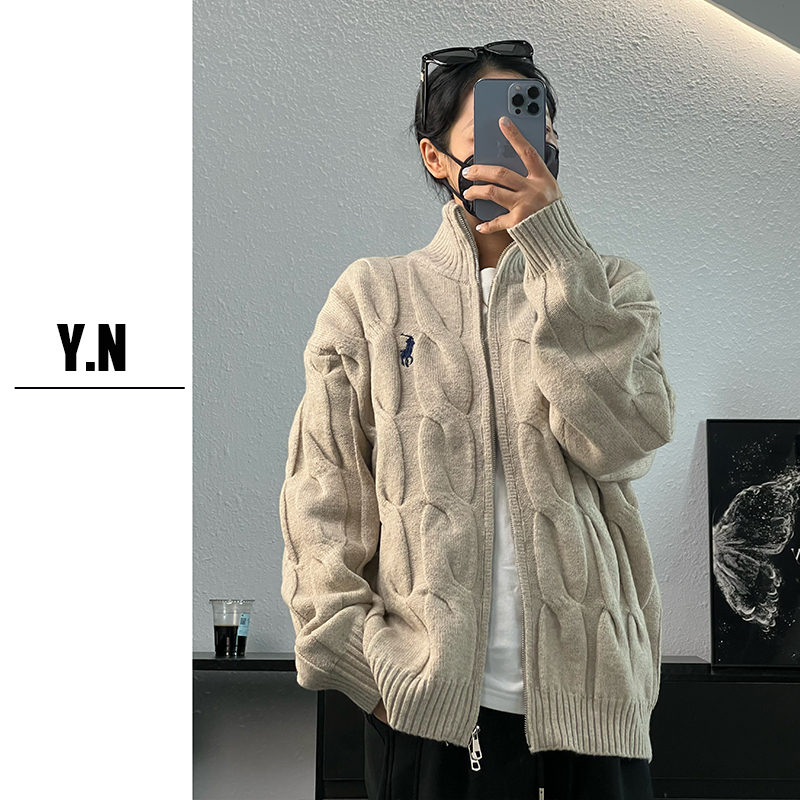 （含羊绒绵）秋季2025刺绣毛衣外套双拉链休闲加厚男士立领针织开衫