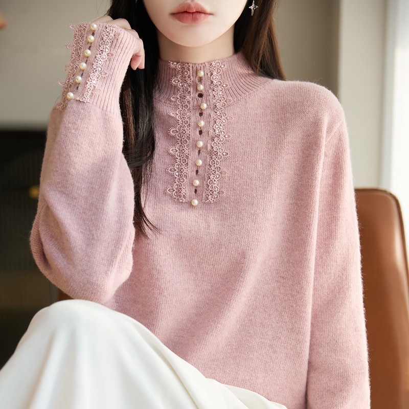 蕾丝钉珠半高领秋冬厚款针织衫毛衣女