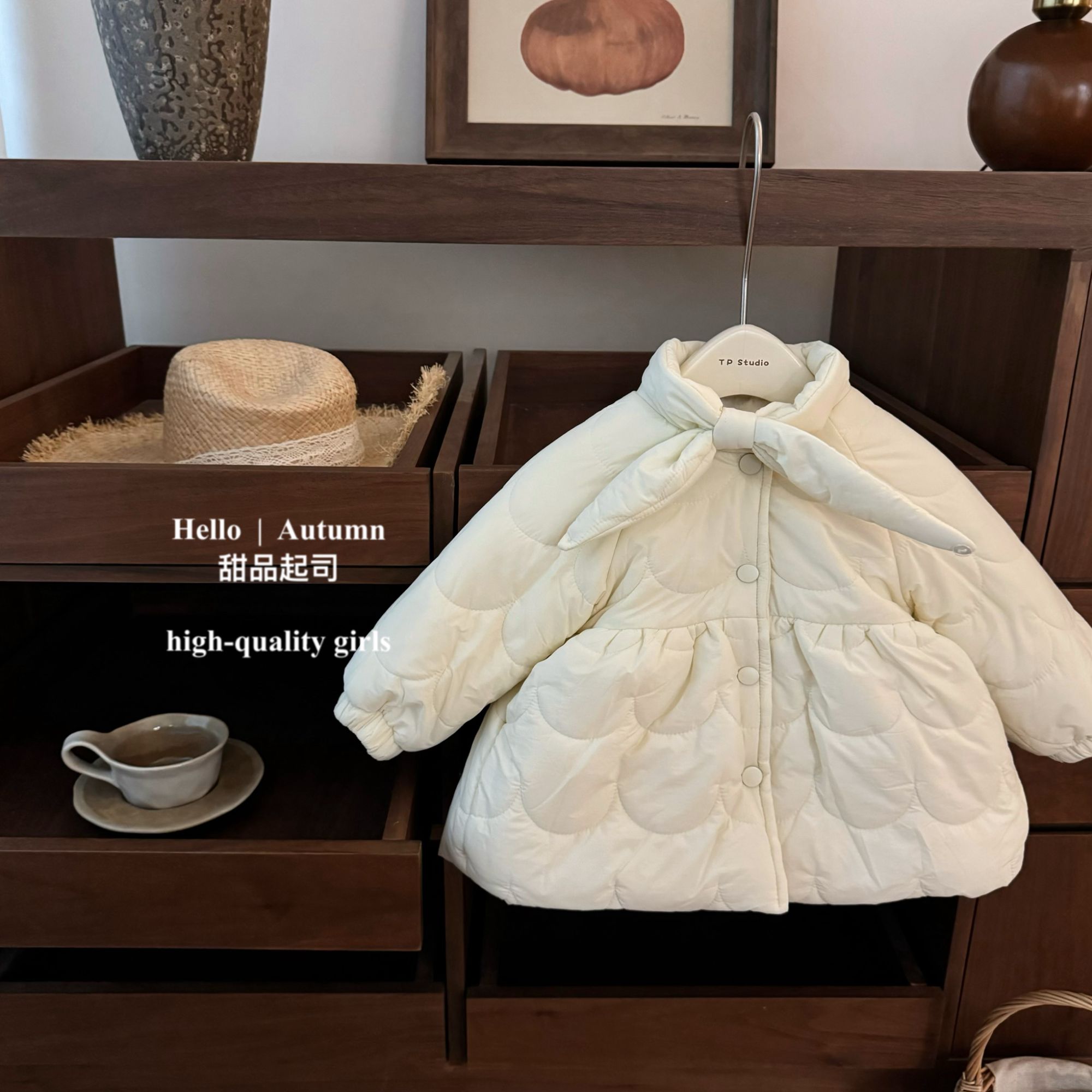 【甜品起司】暖乎乎！韩系女宝宝娃娃领蝴蝶结中长款保暖冬季棉服