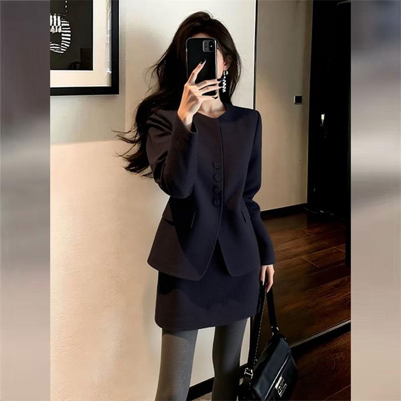 INS CEC法式小香风黑色西装套装新款秋冬气质外套半身裙子两件套