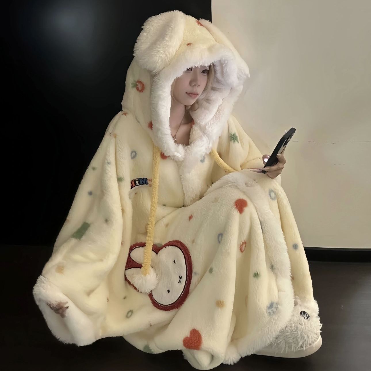 睡衣女款秋冬可爱米菲兔斗篷学生连帽加厚卡通珊瑚绒加绒家居服