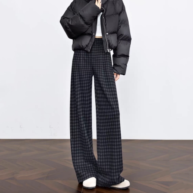 加绒加厚格子阔腿裤女秋冬2025新款高腰百搭宽松黑灰色直筒休闲裤