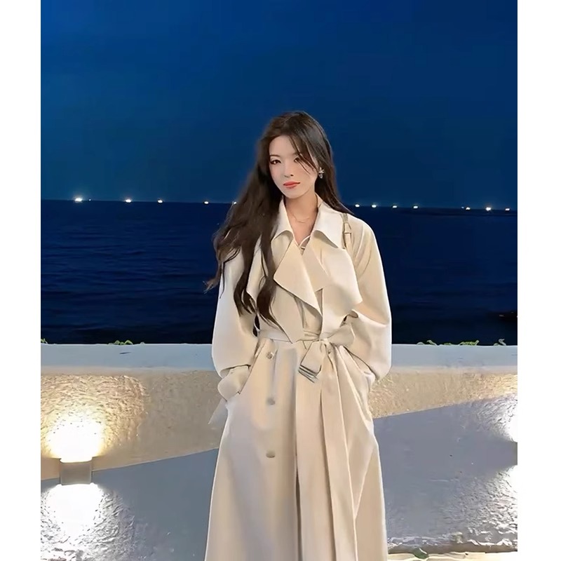 高级感白色风衣外套女2025秋季新款中长款韩系垂感英伦小个子大衣