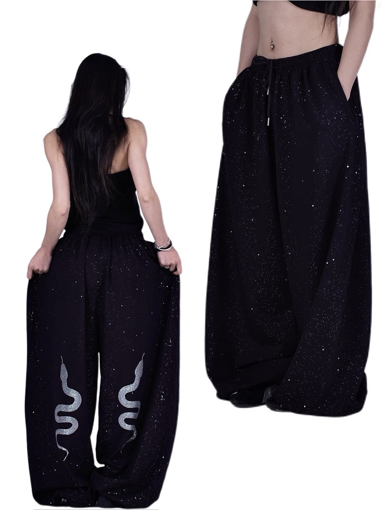 原创烫钻撒银爆闪小蛇印花闪闪卫裤女夏季松弛感宽松型街舞运动裤