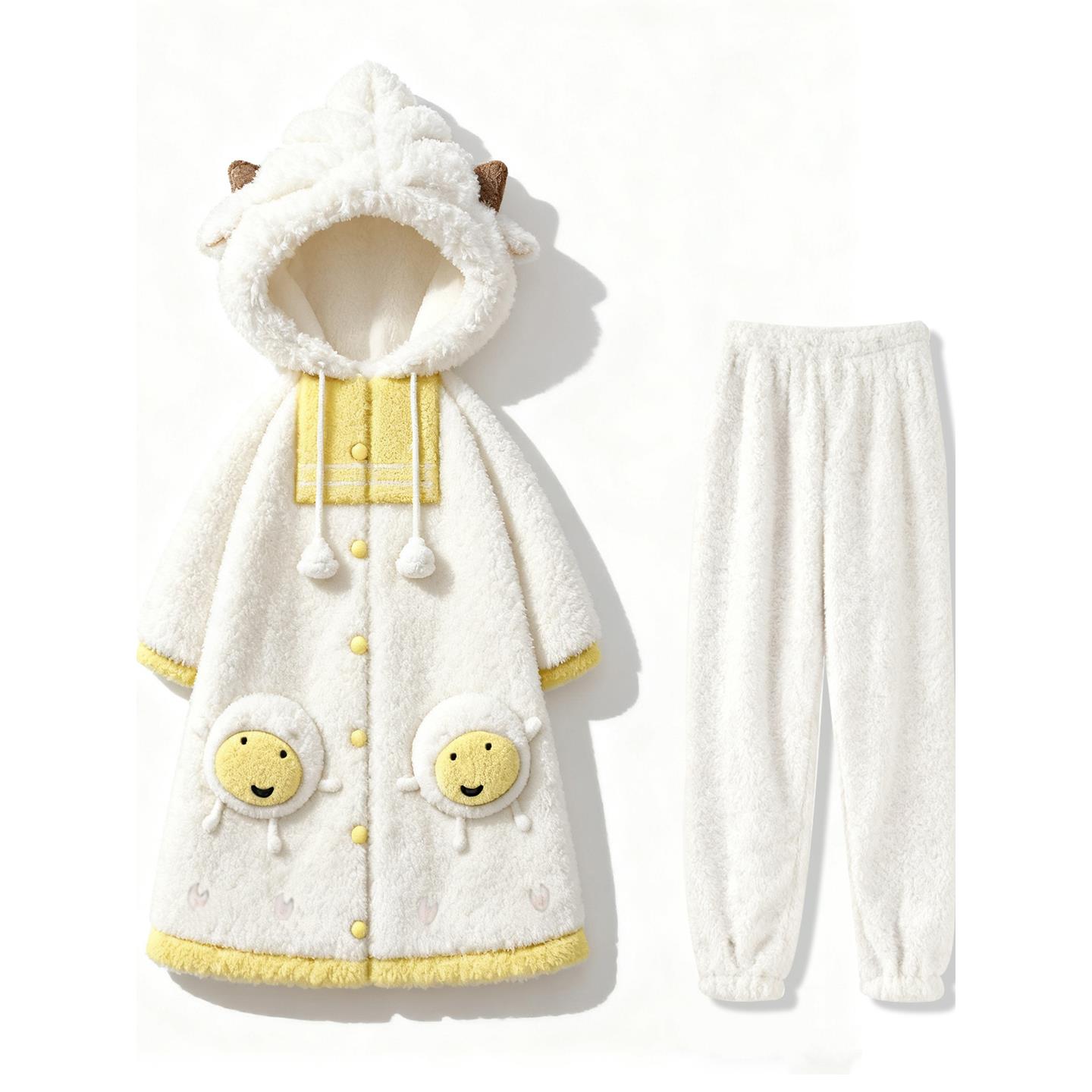 睡衣女秋冬季加绒加厚保暖可爱懒羊羊睡袍珊瑚绒可外穿家居服套装