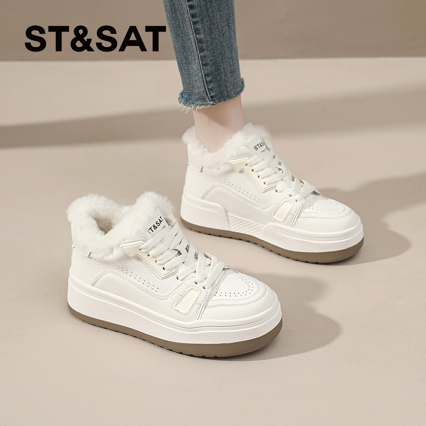 星期六加绒高帮小白鞋女款2025冬季新款加厚休闲板鞋保暖毛毛棉鞋