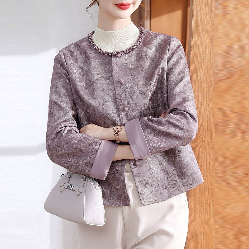 罗蒙妈妈秋装短款风衣外套中老年女装中式40岁50新国风开衫上衣服