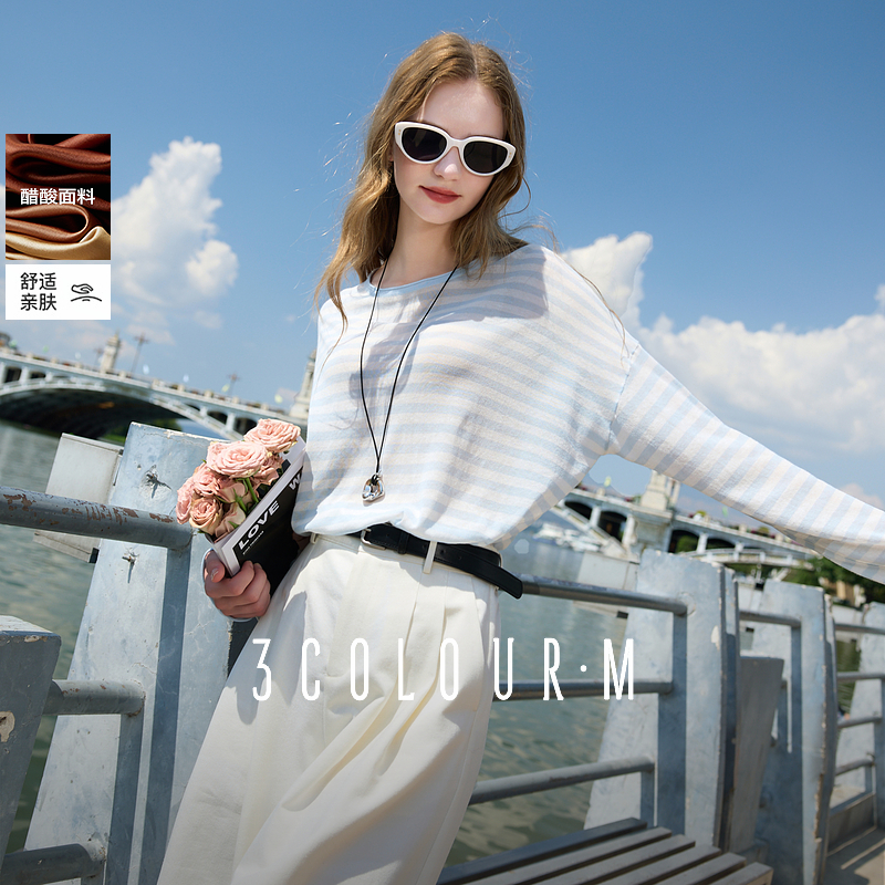 【醋酸+棉】三彩2025秋季新款慵懒宽松圆领长袖针织衫套头条纹毛衫M