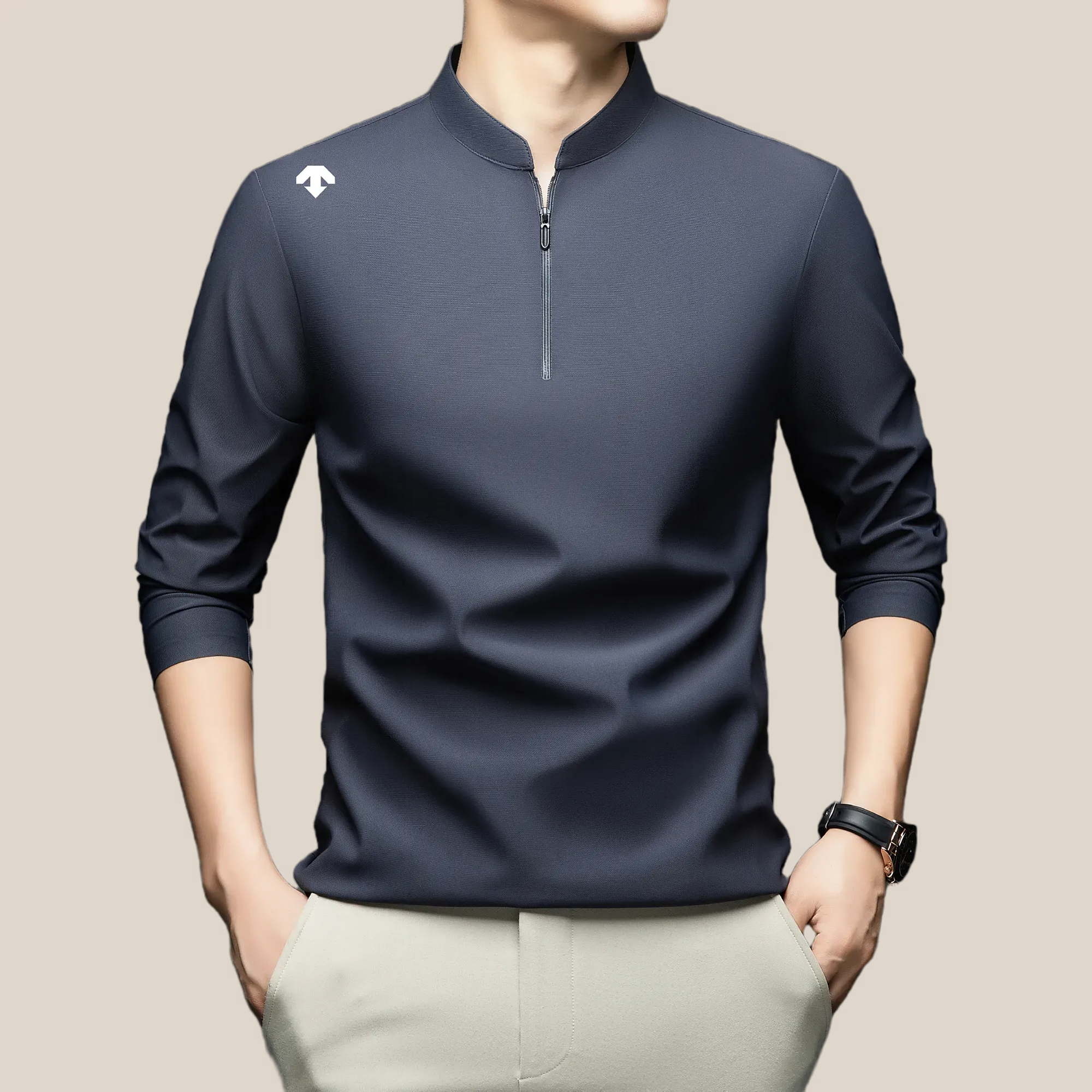 【商场同款】迪桑秋季拉链立领T恤长袖Polo衫男士宽松运动亲肤上衣