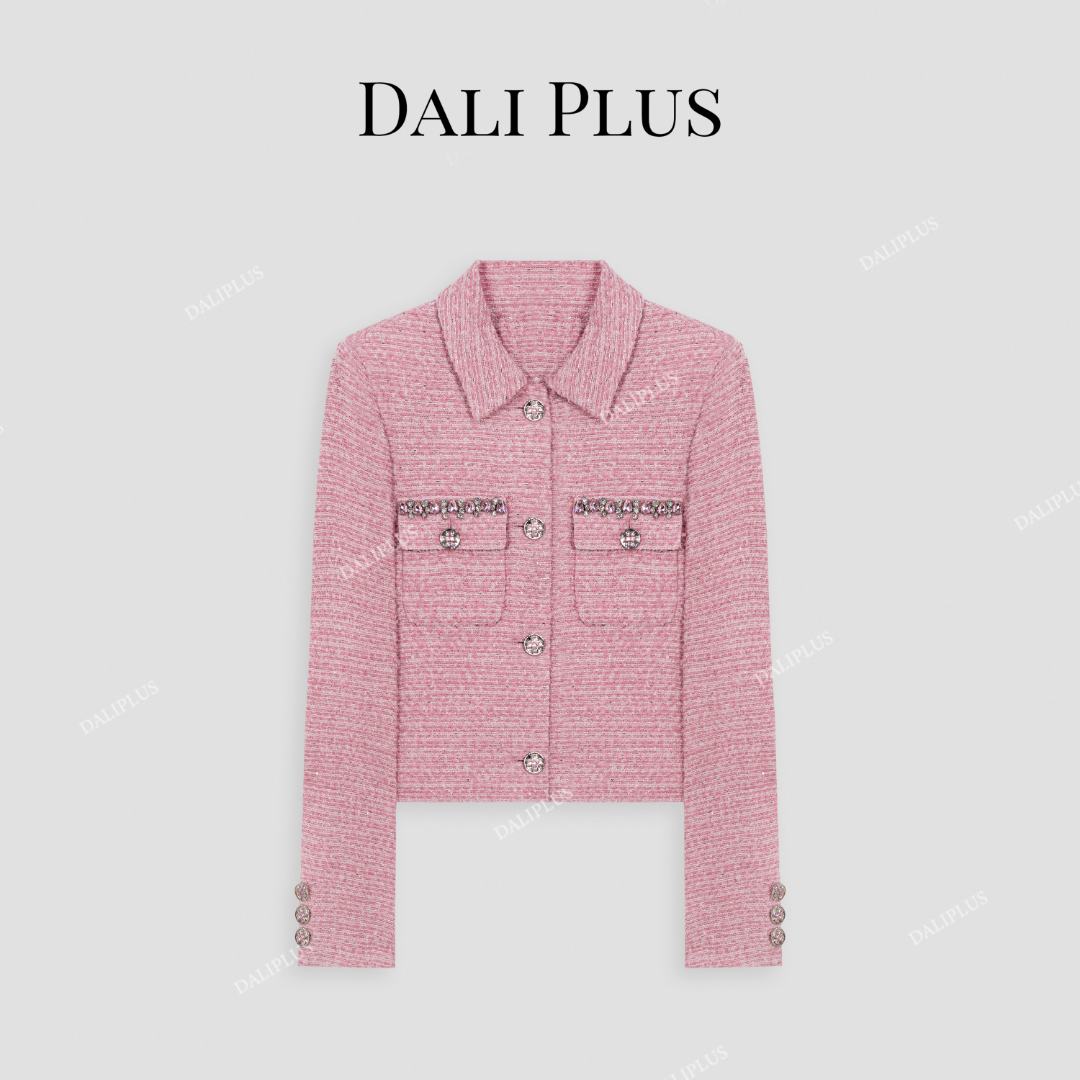 DALI PLUS精致法式轻奢镶钻桃粉色小香风粗花呢外套-D5SS7022