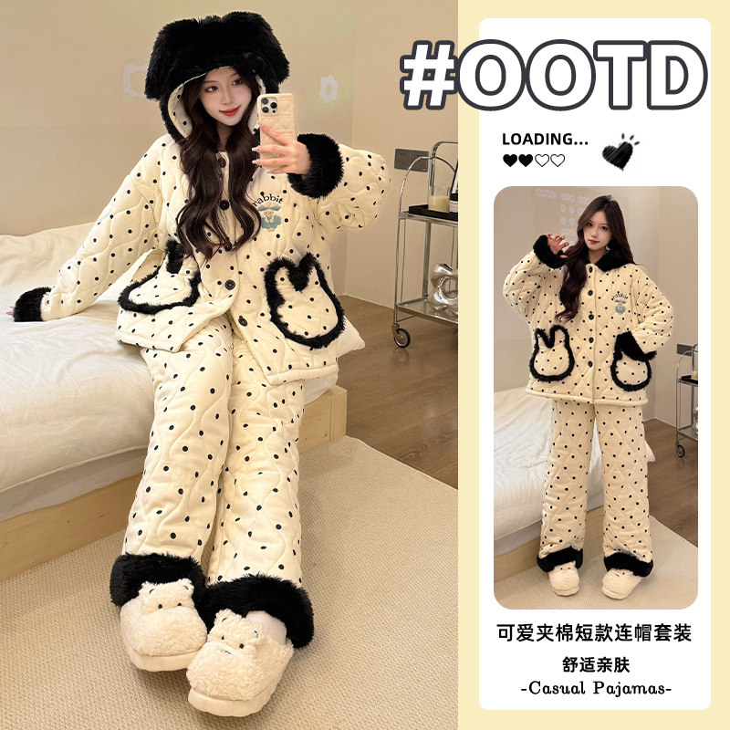 三层夹棉加厚睡衣女款秋冬季湖南省省服海岛绒加绒保暖连帽家居服