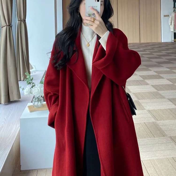 高个子加长版西西里红色双面新款大衣女2025秋冬新款宽松毛呢外套