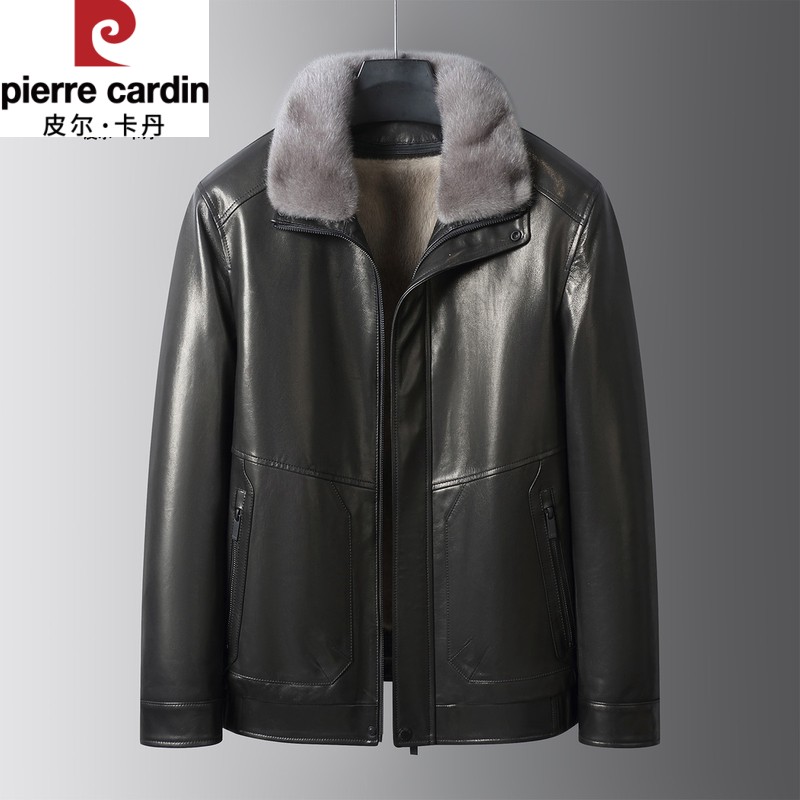 皮尔卡丹皮尔卡丹新款真皮皮衣男短款山羊皮可脱卸整貂水貂内胆爸