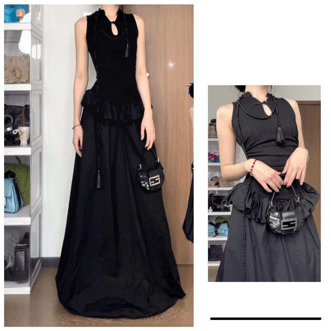 黑色新中式长裙百搭旗袍领荷叶边连衣裙收腰显瘦设计感秋季2025年