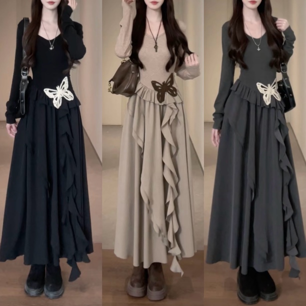 松本秋季新款法式蝴蝶钩花小黑裙不规则裙纯色长袖连衣裙收腰显瘦