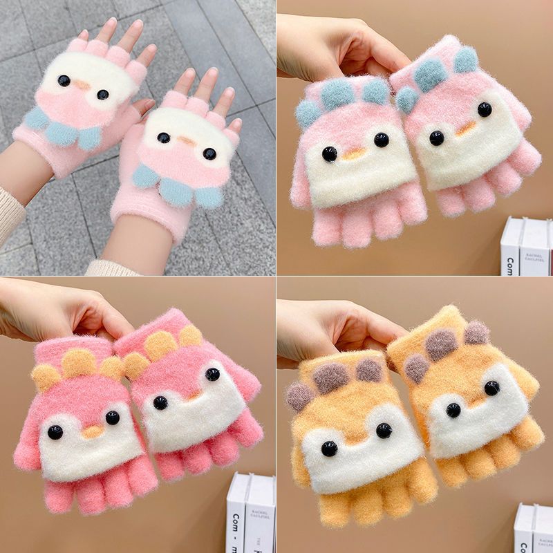 新款企鹅儿童手套秋冬季保暖男女孩半指宝宝五指翻盖两用小学生