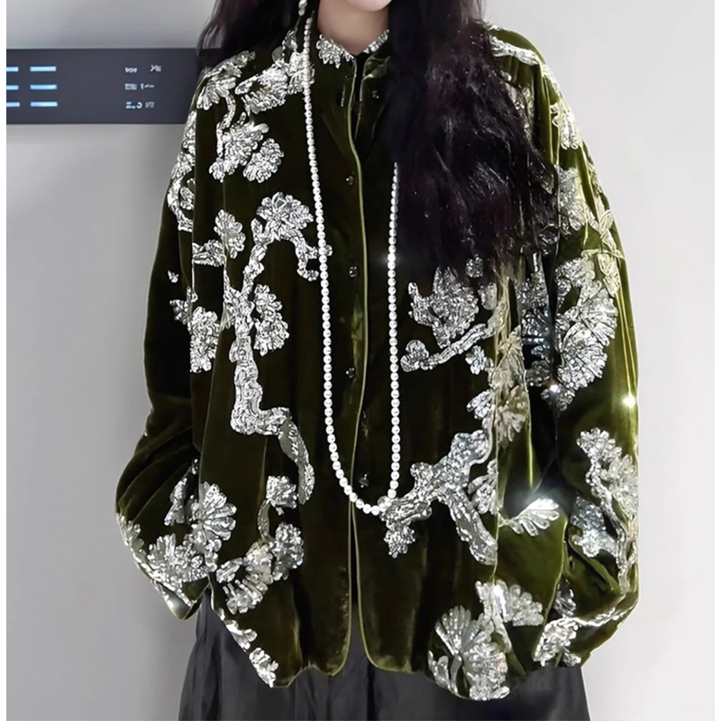 新中式墨绿色重工钉珠亮片加棉加厚丝绒外套棉服国风大衣外套女