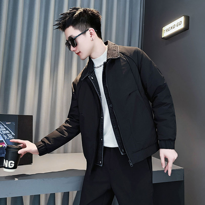 假两件牛仔拼接棉服男款冬季男生衣服高级感男装保暖棉袄棉衣外套