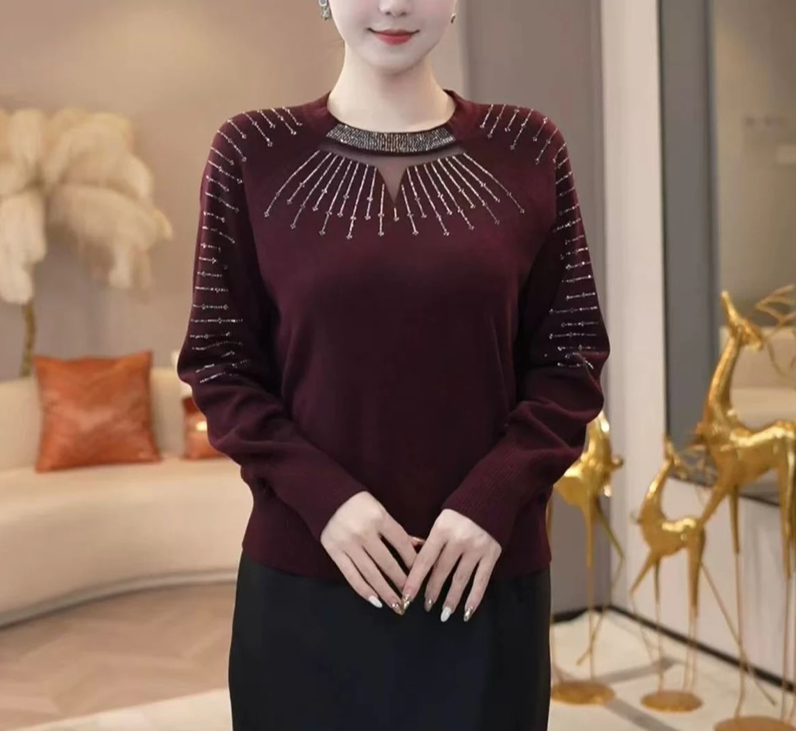 圆领长袖针织衫洋气百搭2025秋装新款时尚烫钻宽松打底毛衣上衣