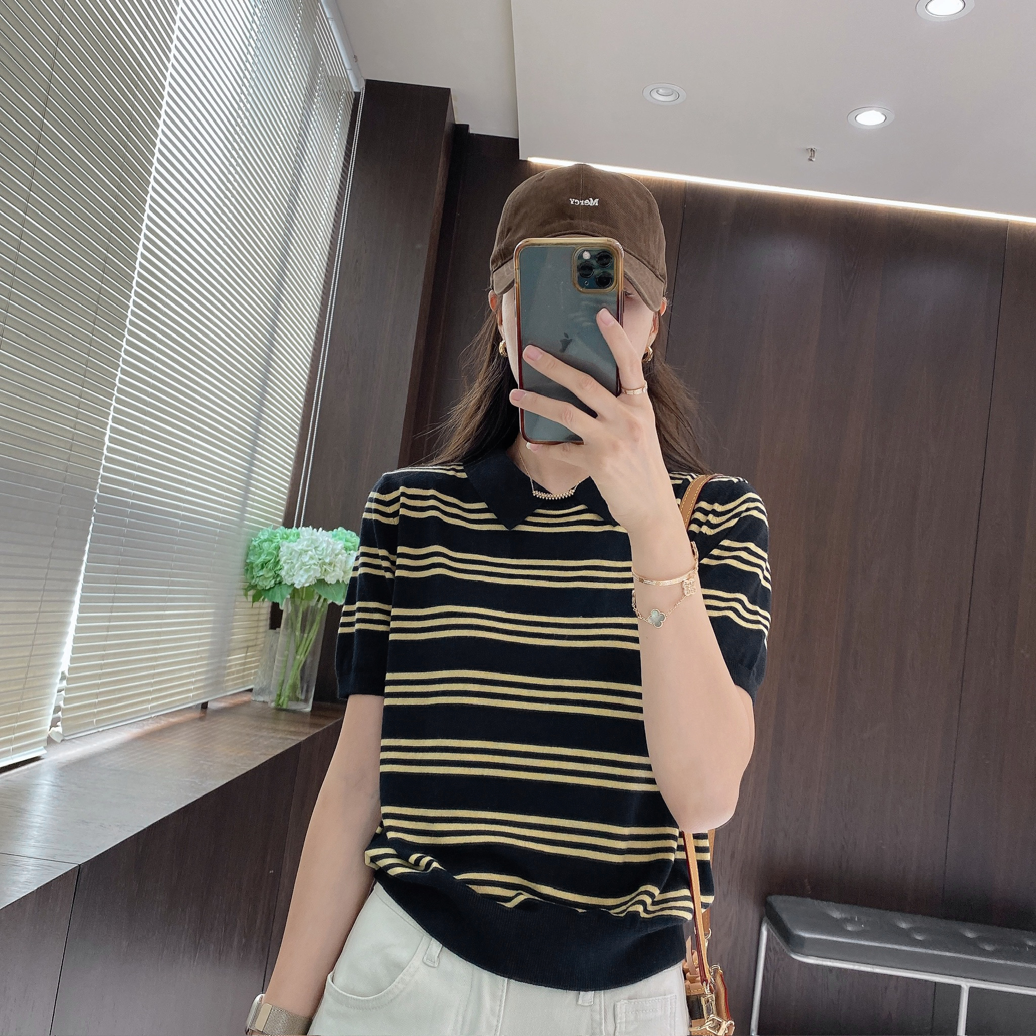 IMFLY金小金自制女装 针织衫DYW9586盐系撞色条纹翻领针织上衣