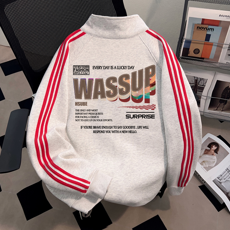 WASSUP HSUBE国潮牌重磅开衫立领卫衣男士潮酷高街棒球服外套上衣
