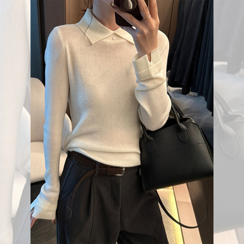 独特漂亮白色polo领小衫内搭打底针织衫洋气高贵上衣女韩系秋冬装