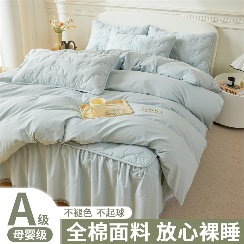 床上用品全棉纯棉水洗棉大豆夹棉床裙四件套加厚床罩防滑遮丑防尘